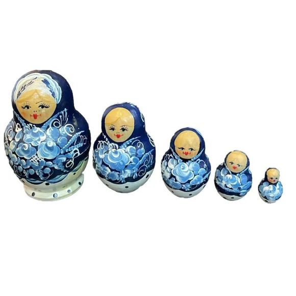 Russian Nesting‎ Dolls 5 Piece Hand Painted Wood Blue Floral Flowers - Picture 1 of 4